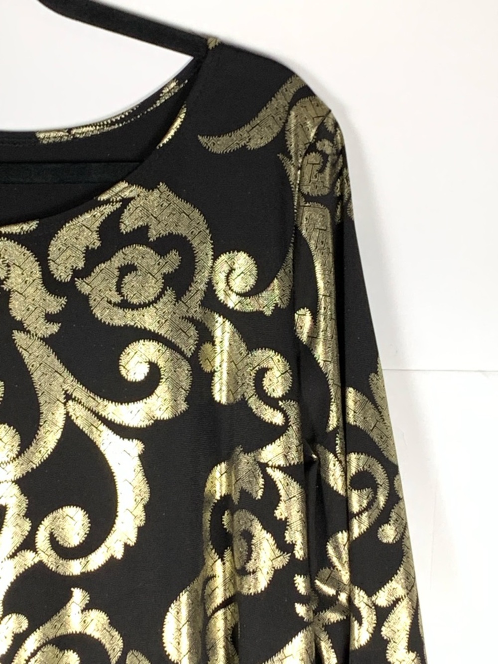 LBISSE Tunic Top XL Black Gold Baroque Metallic 3/4 Sleeve Handkerchief Hem - Picture 3 of 14